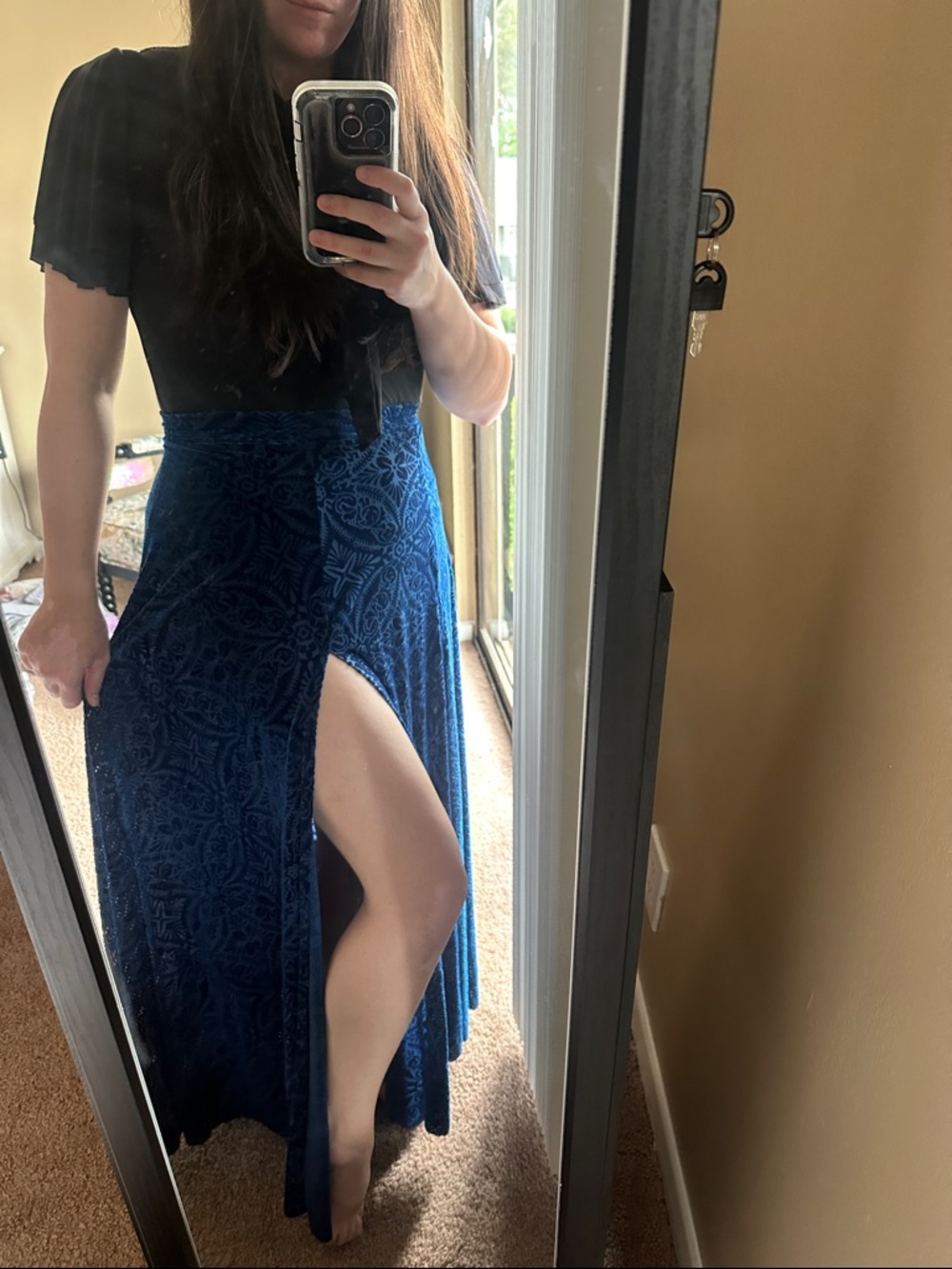 Blackmilk Deep Blue Velvet Maxi Skirt with Burnout Pattern - Picture 3 of 4